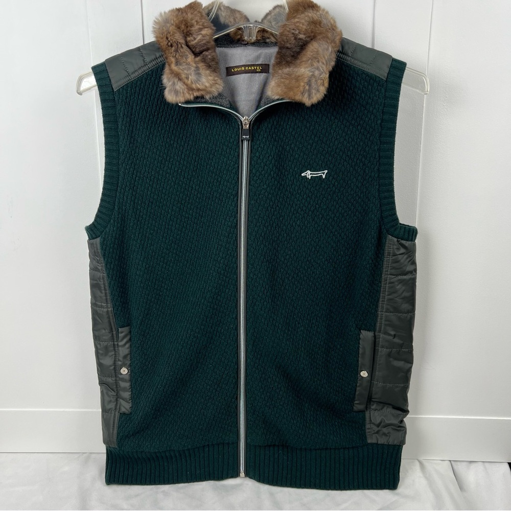 Louis Castel Sleeveless Full Zip Golf Vest Size 105 Men's Lg. Green w/fur collar